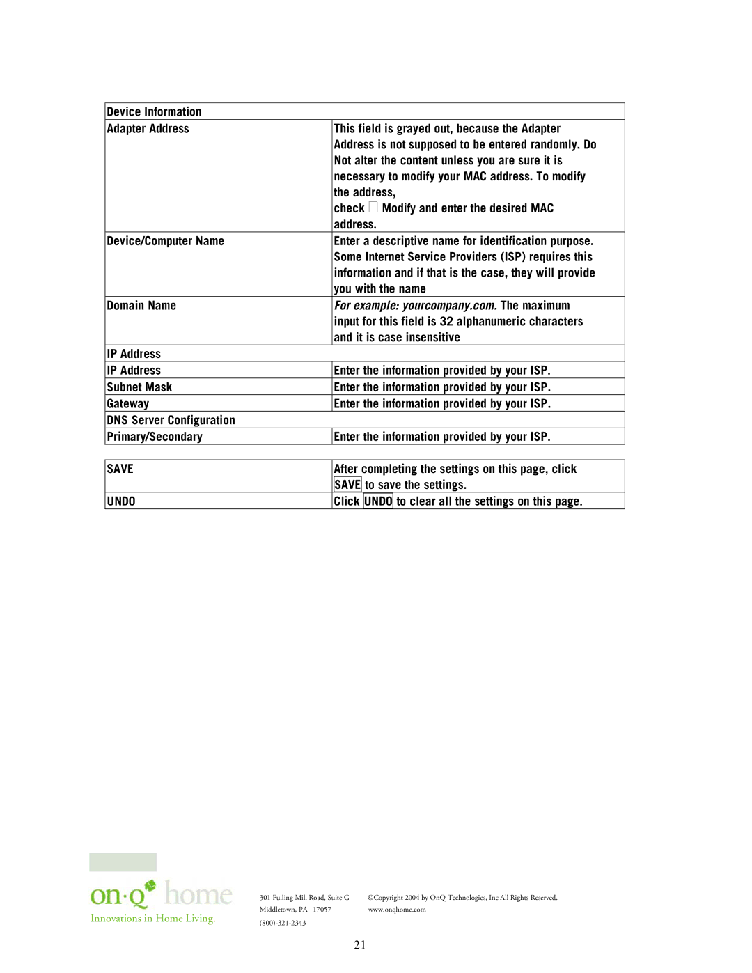 On-Q/Legrand 364732-01 owner manual Save, After completing the settings on this page, click, To save the settings 