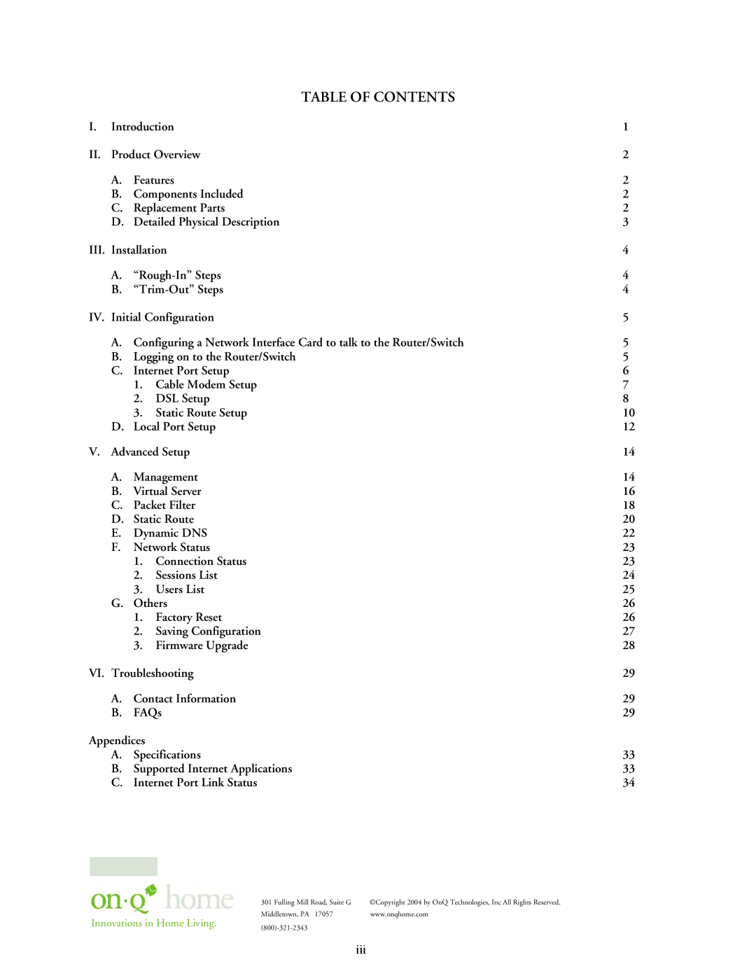 On-Q/Legrand 364732-01 owner manual Table of Contents 