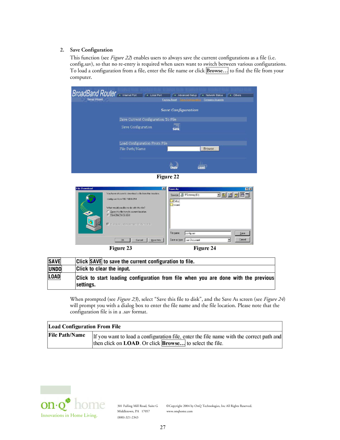 On-Q/Legrand 364732-01 Save Configuration, To save the current configuration to file, Click to clear the input, Settings 