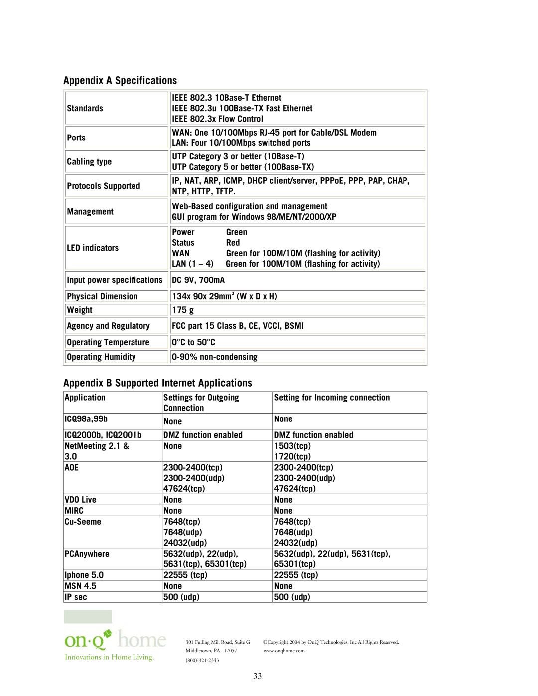 On-Q/Legrand 364732-01 owner manual NTP, HTTP, Tftp, Wan, Aoe, 2300-2400tcp 2300-2400udp 47624tcp VDO Live None, Mirc 