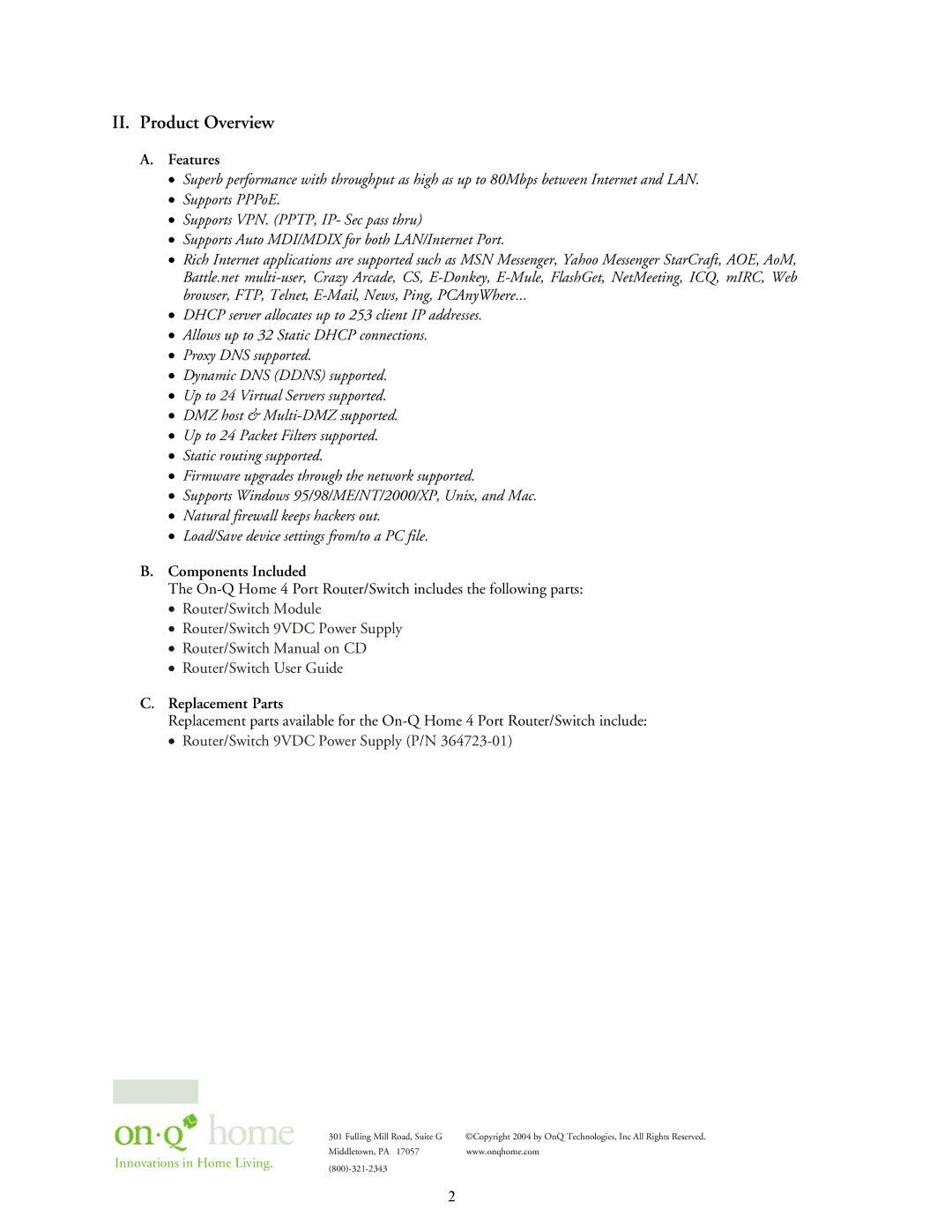 On-Q/Legrand 364732-01 owner manual II. Product Overview, Router/Switch 9VDC Power Supply P/N 