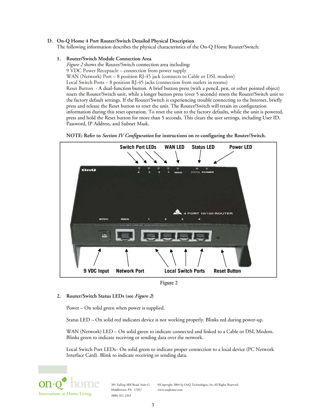 On-Q/Legrand 364732-01 owner manual Router/Switch Module Connection Area, Switch Port LEDs WAN LED Status LED 