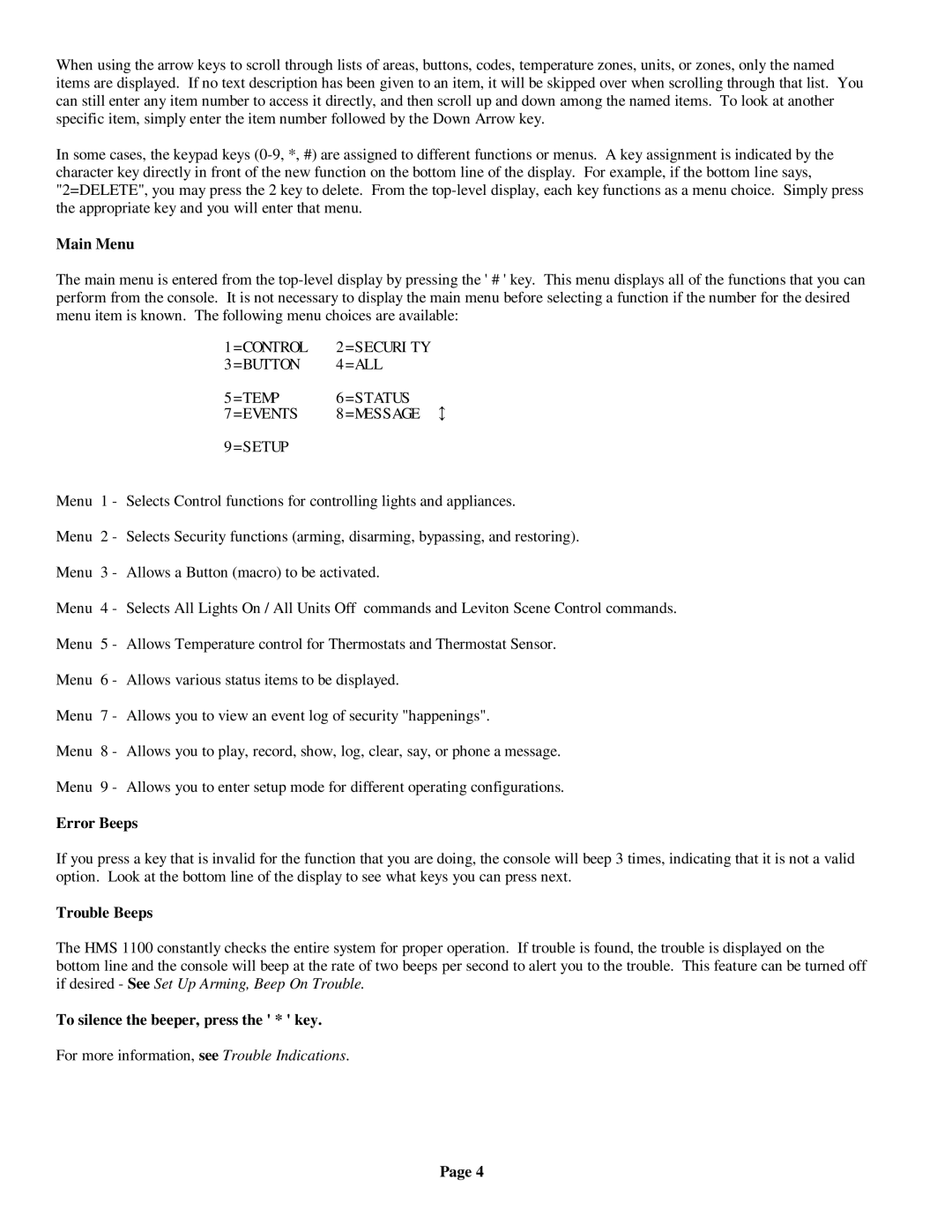 On-Q/Legrand HMS 1100 owner manual Main Menu, Error Beeps, Trouble Beeps, To silence the beeper, press the * key 