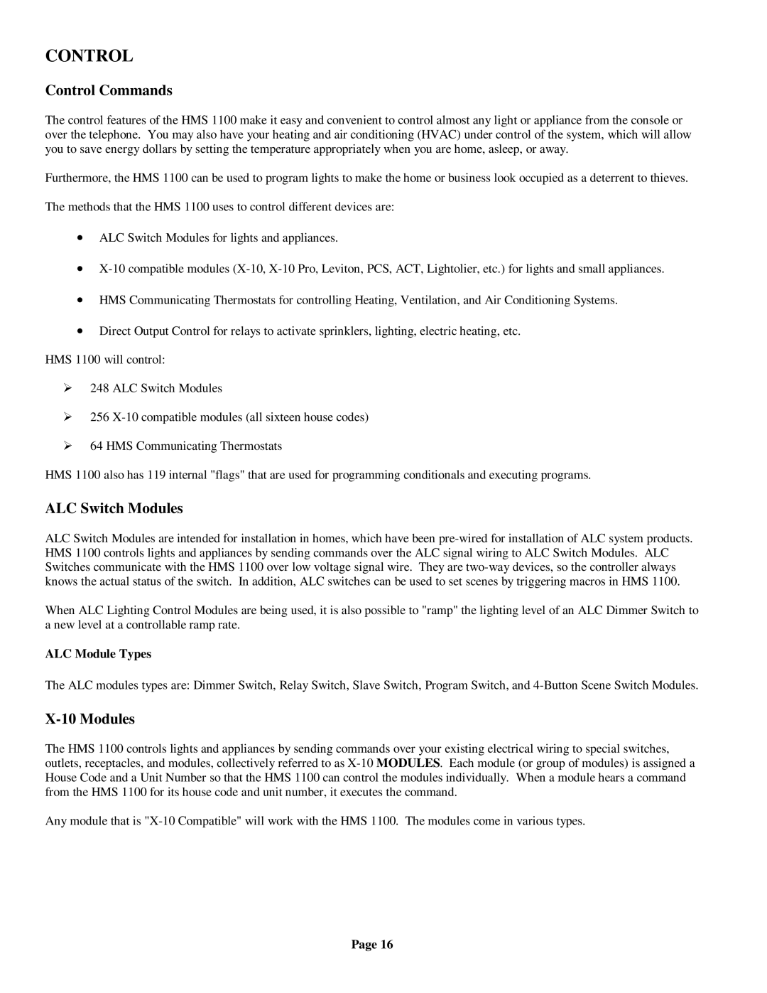 On-Q/Legrand HMS 1100 owner manual Control Commands, ALC Switch Modules, ALC Module Types 