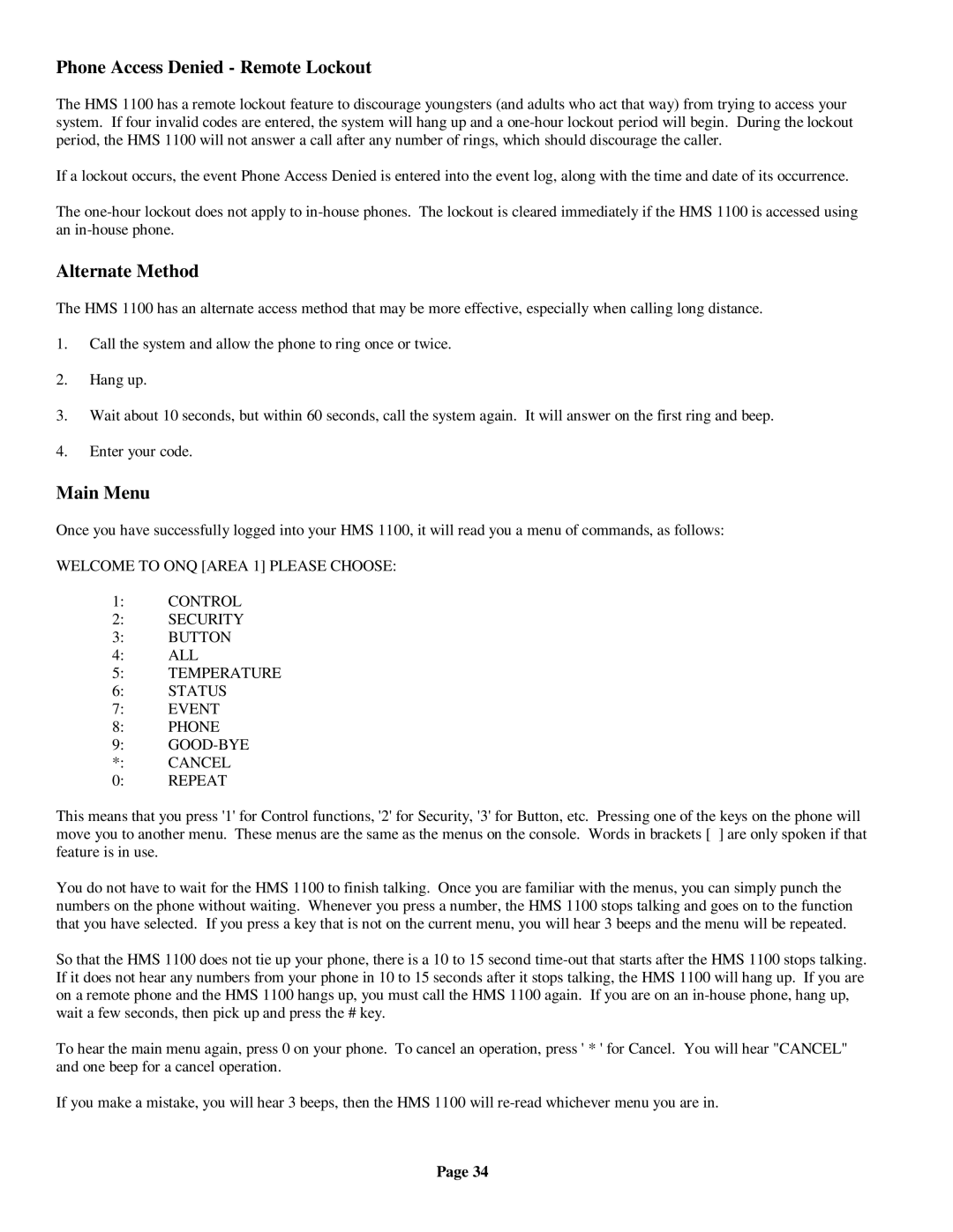 On-Q/Legrand HMS 1100 owner manual Phone Access Denied Remote Lockout, Alternate Method, Main Menu 