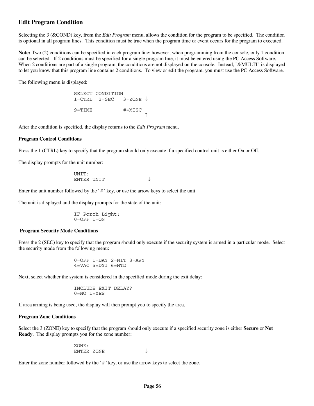 On-Q/Legrand HMS 1100 owner manual Edit Program Condition, Program Control Conditions, Program Security Mode Conditions 