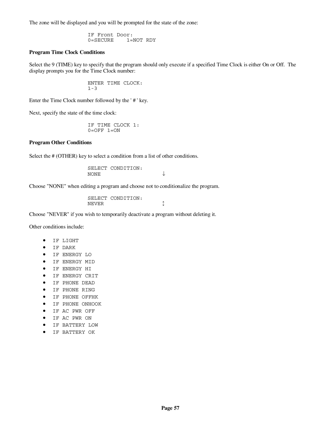 On-Q/Legrand HMS 1100 owner manual Program Time Clock Conditions, Program Other Conditions 