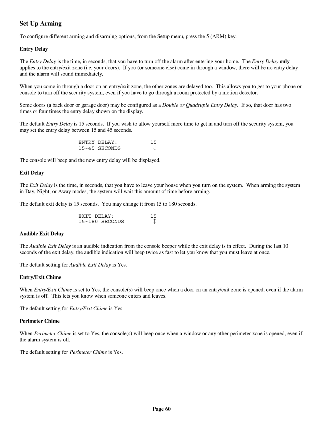 On-Q/Legrand HMS 1100 owner manual Set Up Arming, Entry Delay, Exit Delay 