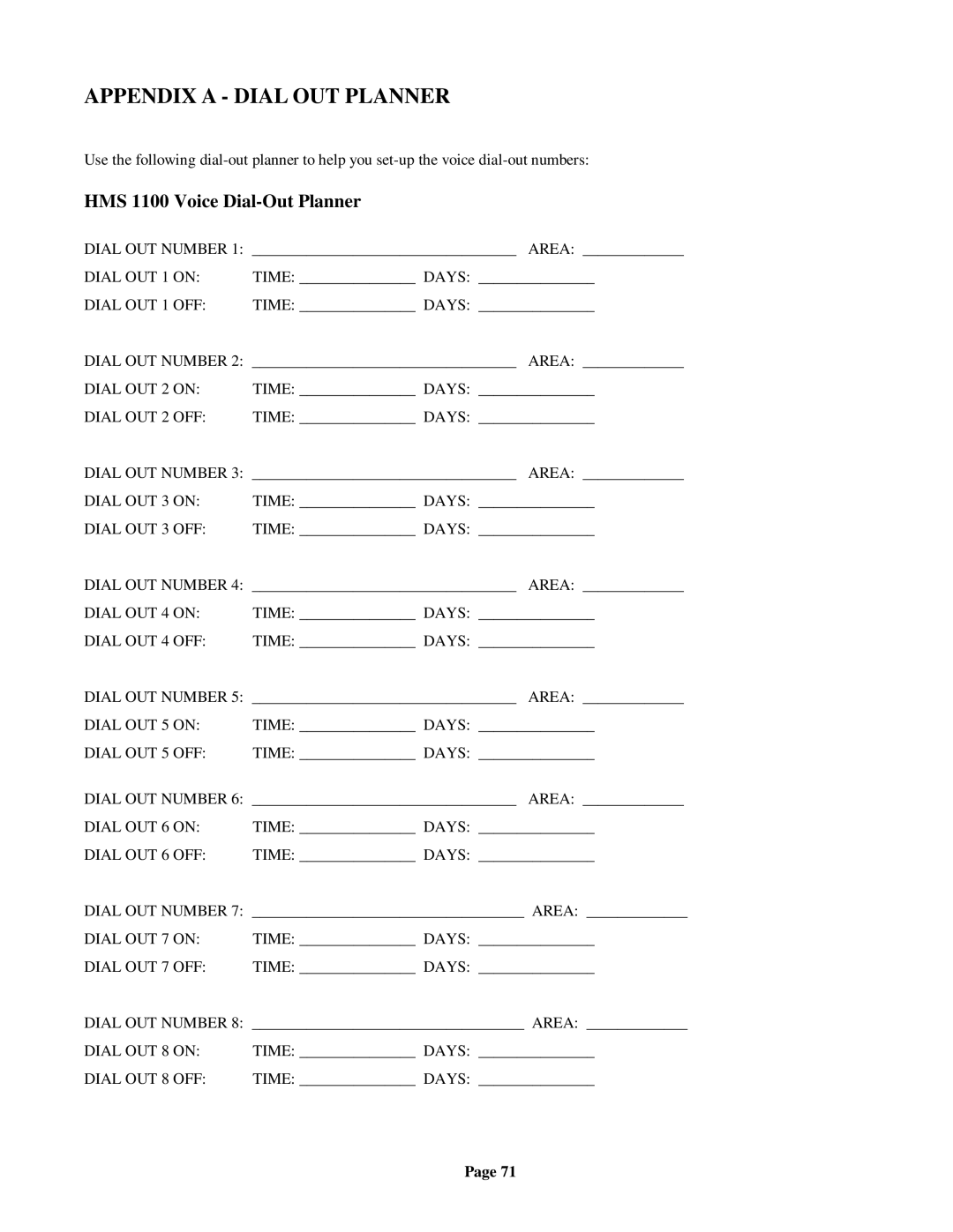 On-Q/Legrand owner manual Appendix a Dial OUT Planner, HMS 1100 Voice Dial-Out Planner 