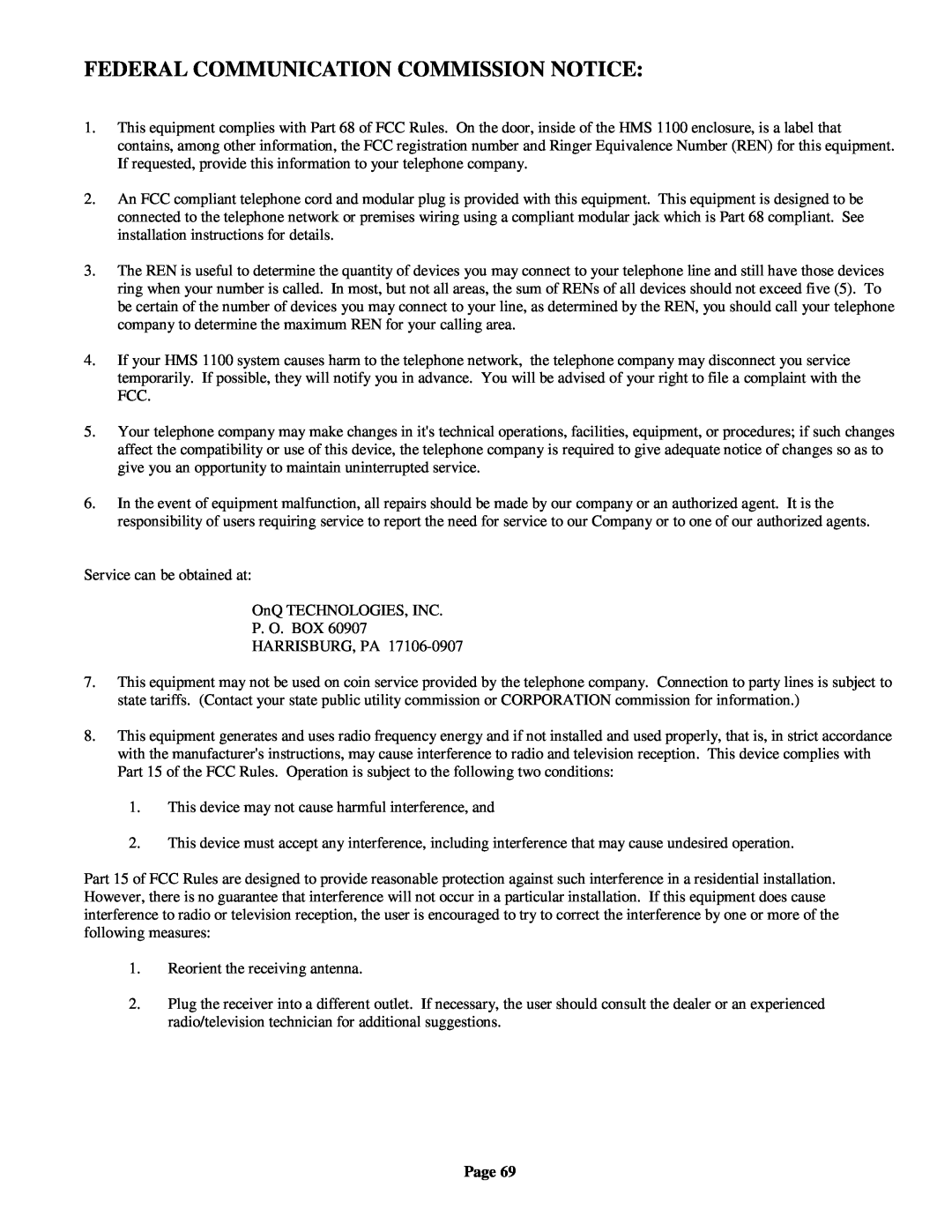 On-Q/Legrand HMS 1100 owner manual Federal Communication Commission Notice, Page 