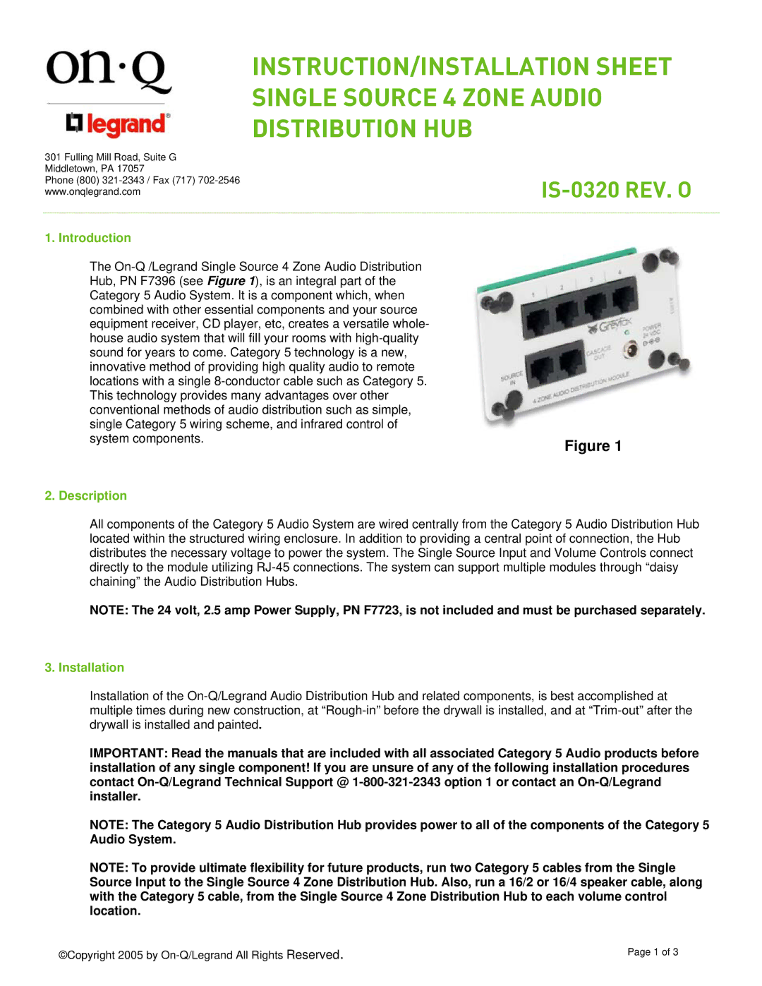 On-Q/Legrand IS-0320 REV. O manual Introduction, Description, Installation 