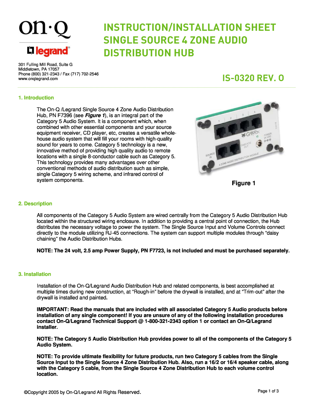 On-Q/Legrand IS-0320 REV. O manual Introduction, Description, Installation 