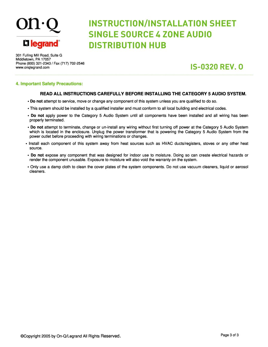 On-Q/Legrand IS-0320 REV. O manual Important Safety Precautions, Page 3 of 