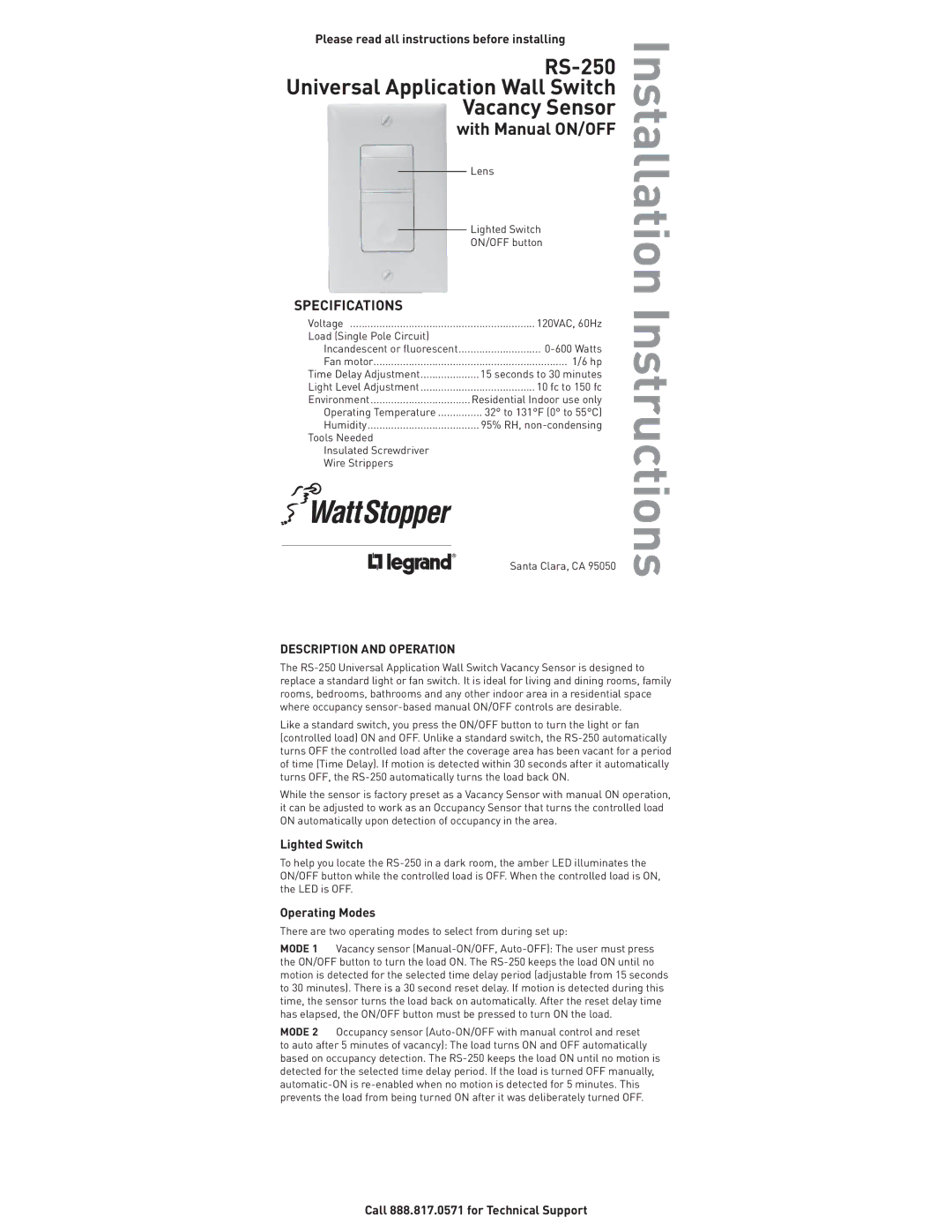 On-Q/Legrand RS-250 installation instructions Specifications, Please read all instructions before installing 