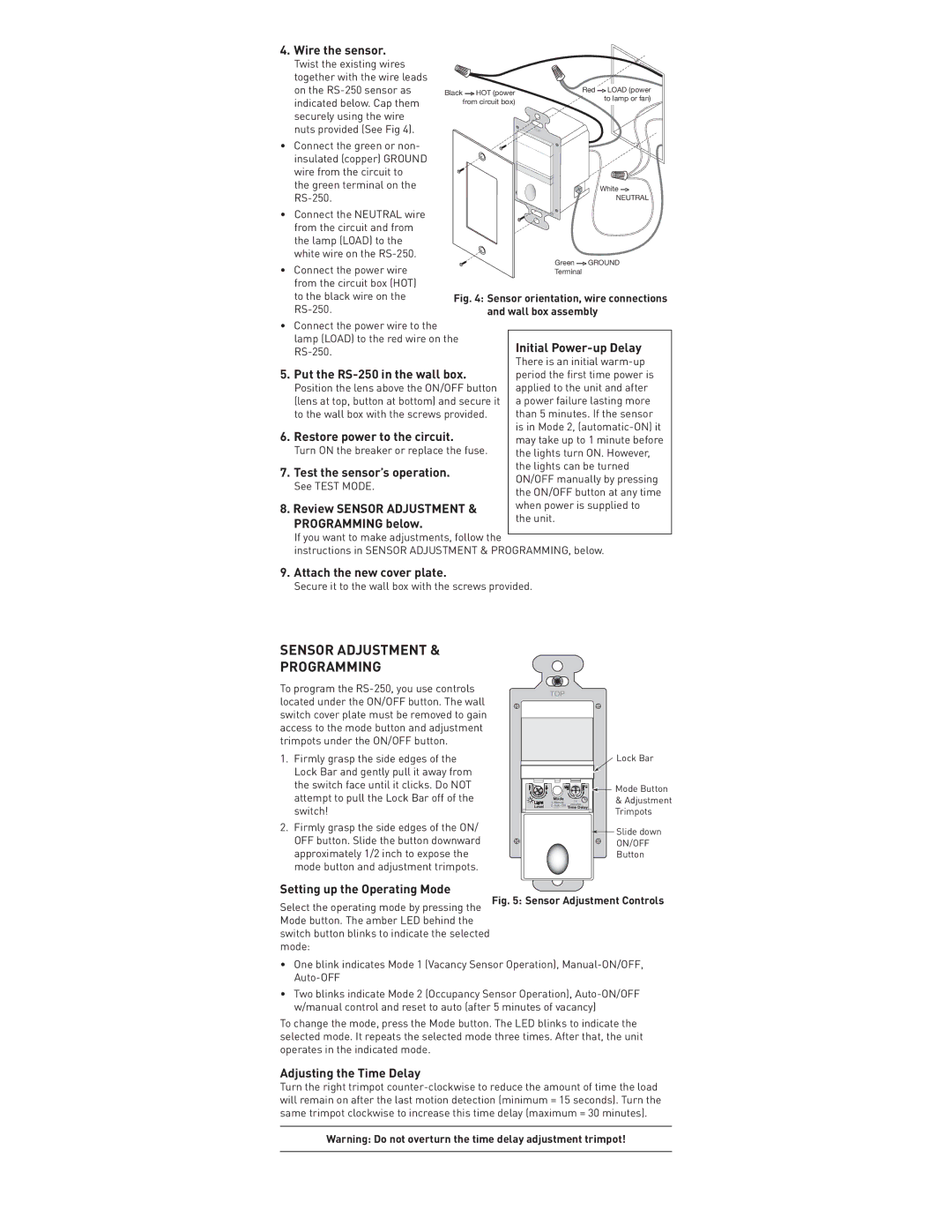 On-Q/Legrand RS-250 installation instructions Sensor Adjustment & Programming 