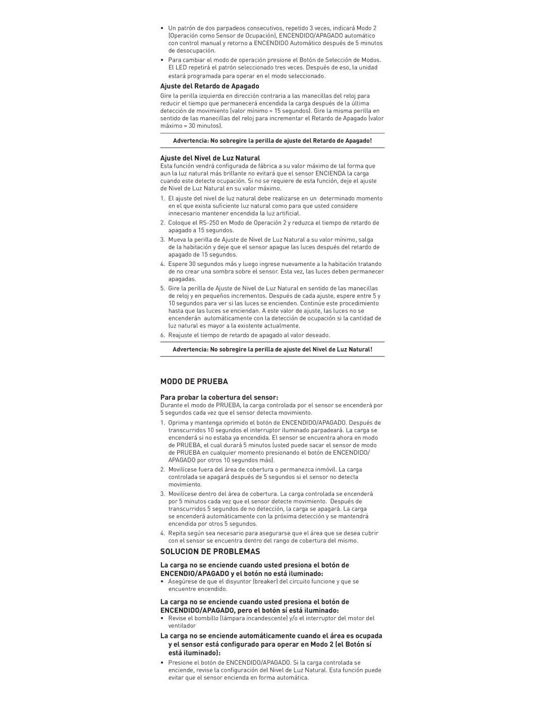 On-Q/Legrand RS-250 Modo DE Prueba, Solucion DE Problemas, Ajuste del Retardo de Apagado, Ajuste del Nivel de Luz Natural 