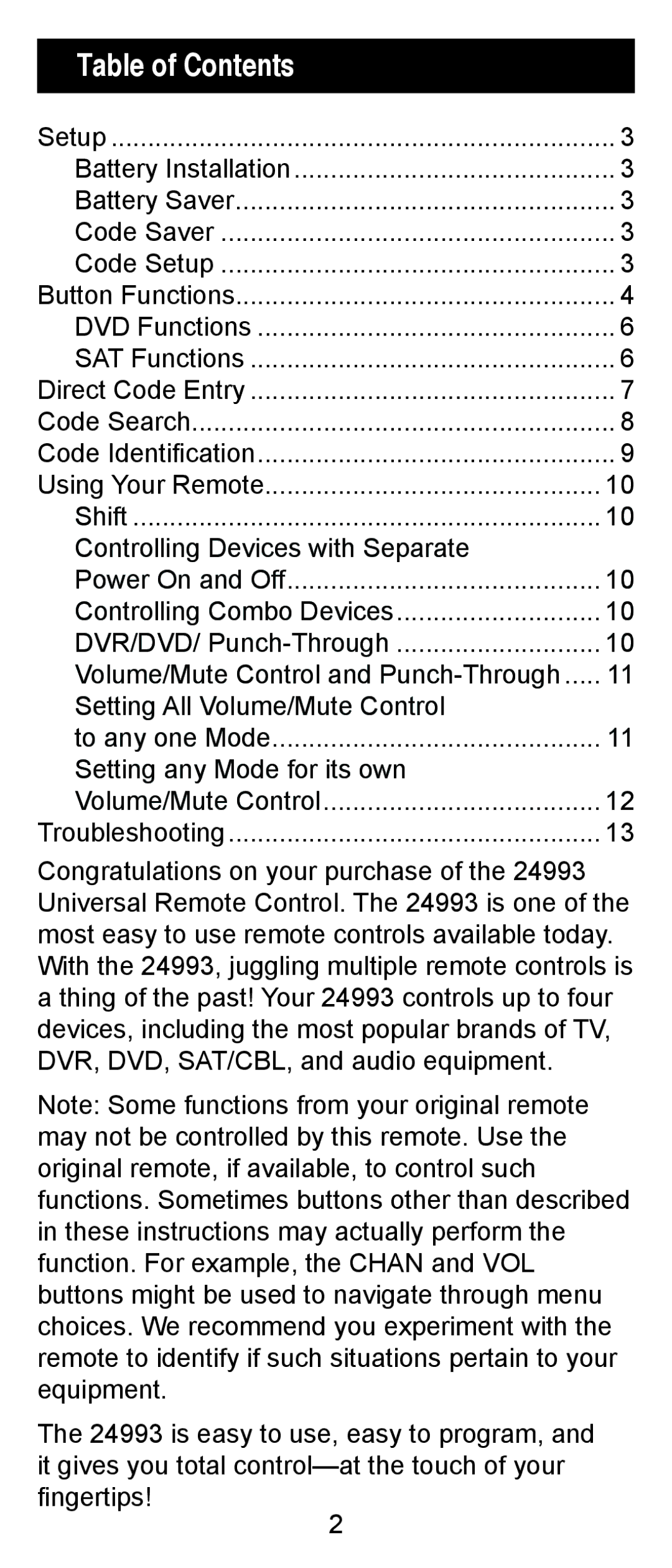 One for All 24993 instruction manual Table of Contents 