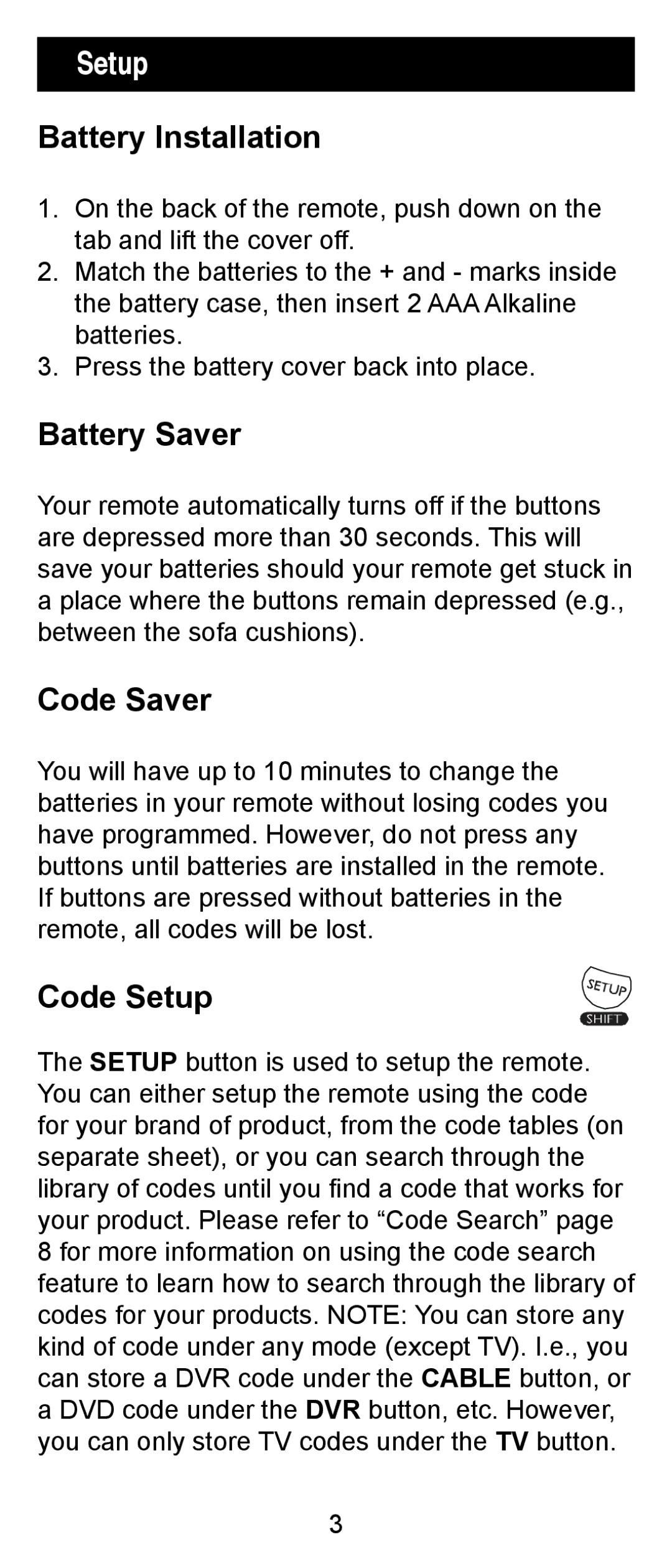 One for All 24993 instruction manual Battery Installation, Battery Saver, Code Saver, Code Setup 