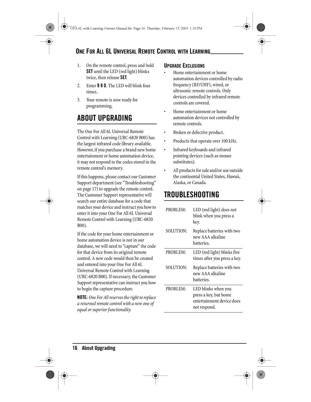 One for All 6-Device Universal Remote owner manual About Upgrading, Troubleshooting, Upgrade Exclusions 