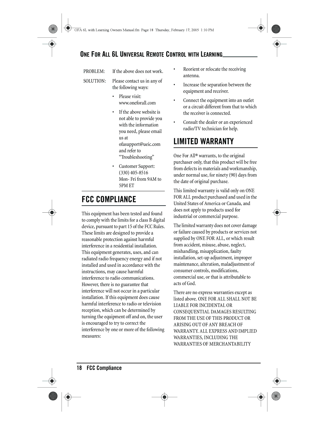 One for All 6-Device Universal Remote owner manual FCC Compliance, Limited Warranty 