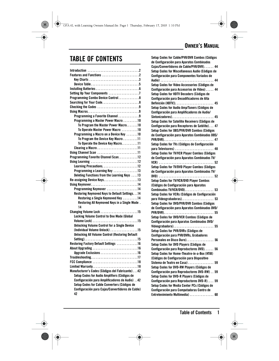 One for All 6-Device Universal Remote owner manual Table of Contents 