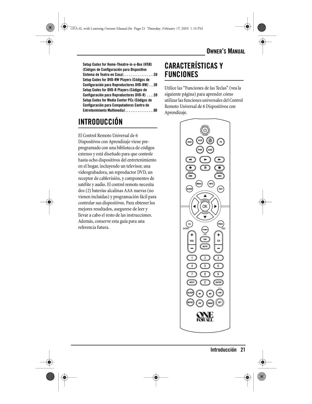 One for All 6-Device Universal Remote owner manual Introducción, Características Y Funciones 