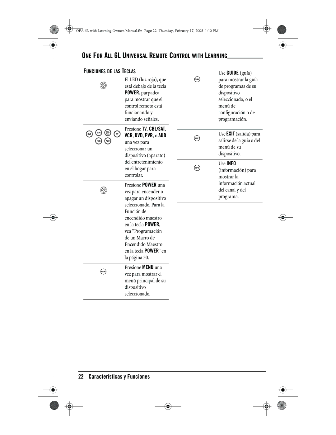 One for All 6-Device Universal Remote owner manual Características y Funciones, Funciones DE LAS Teclas 