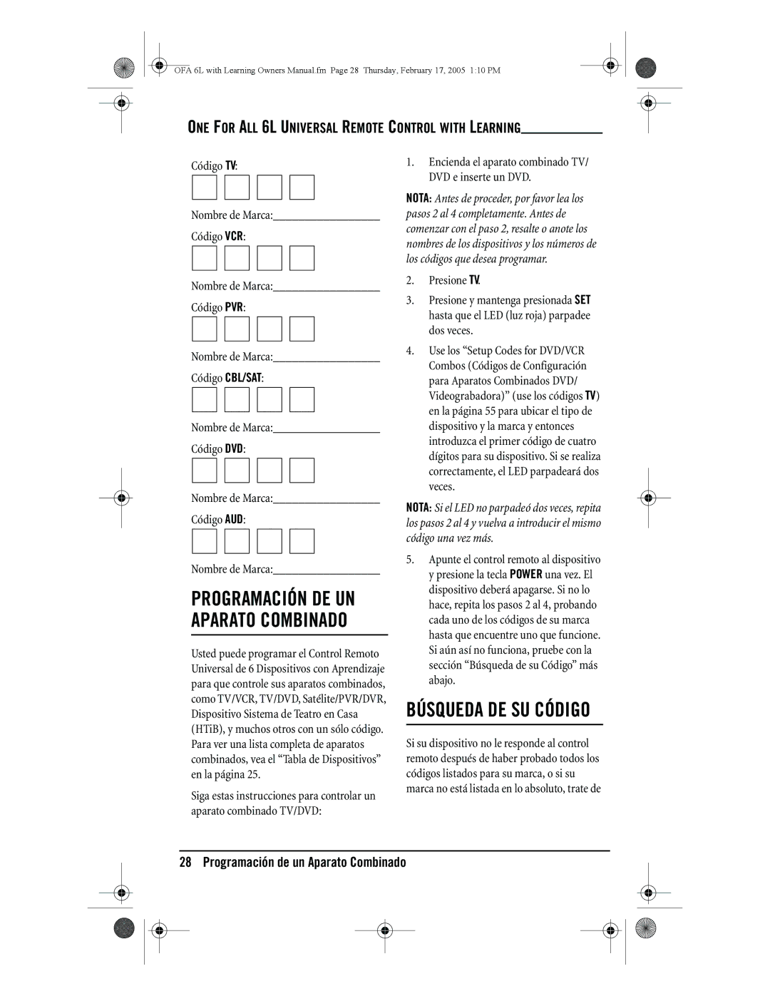 One for All 6-Device Universal Remote owner manual Búsqueda DE SU Código, Programación DE UN Aparato Combinado 