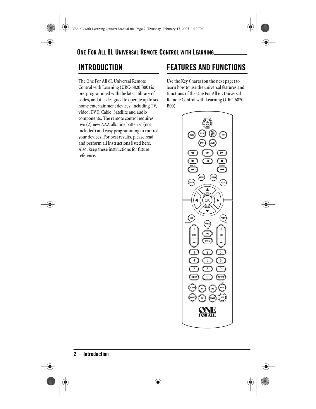 One for All 6-Device Universal Remote owner manual Introduction, ONE for ALL 6L Universal Remote Control with Learning 