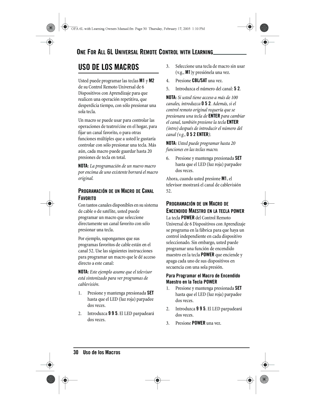 One for All 6-Device Universal Remote owner manual Uso de los Macros, Programación DE UN Macro DE Canal Favorito 