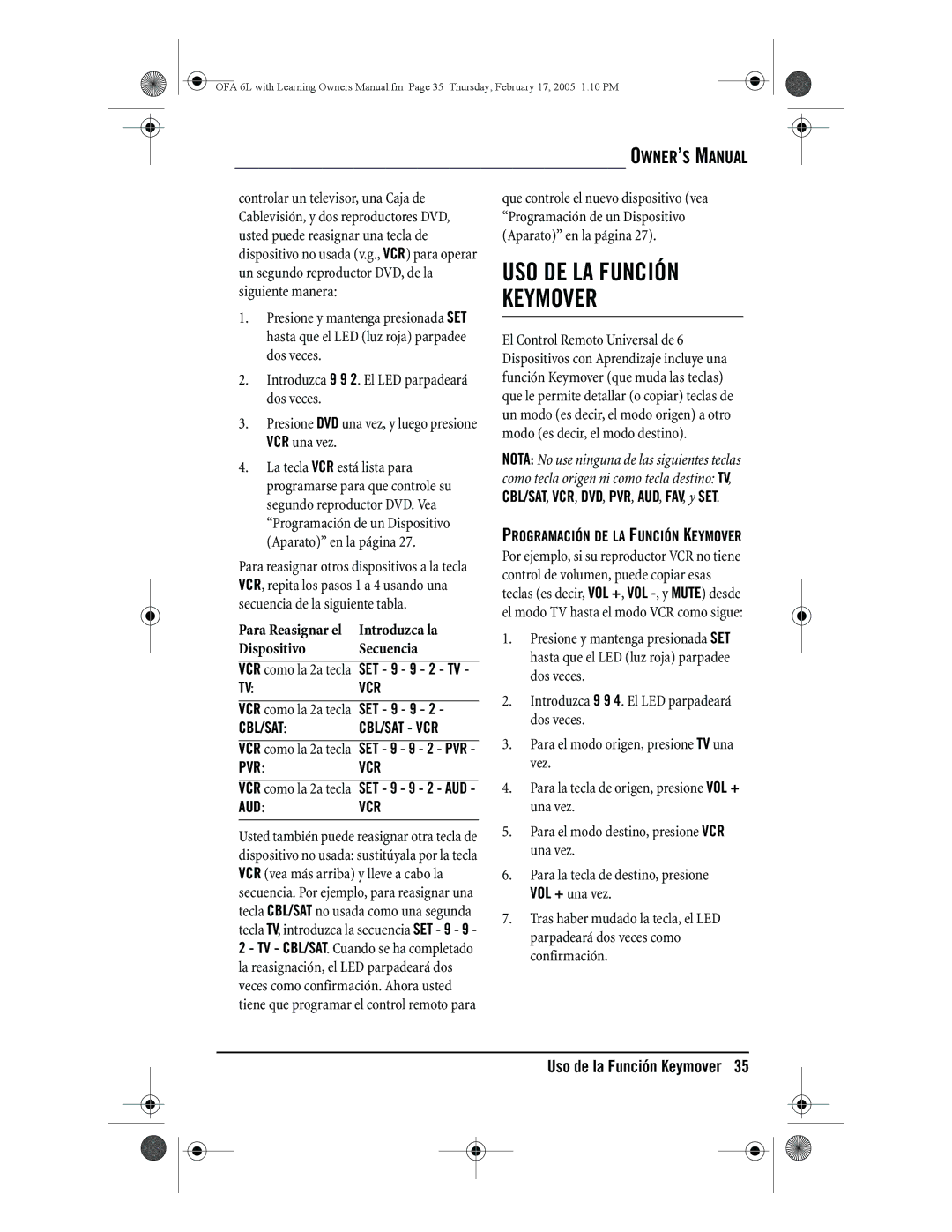 One for All 6-Device Universal Remote owner manual USO DE LA Función Keymover, Uso de la Función Keymover 