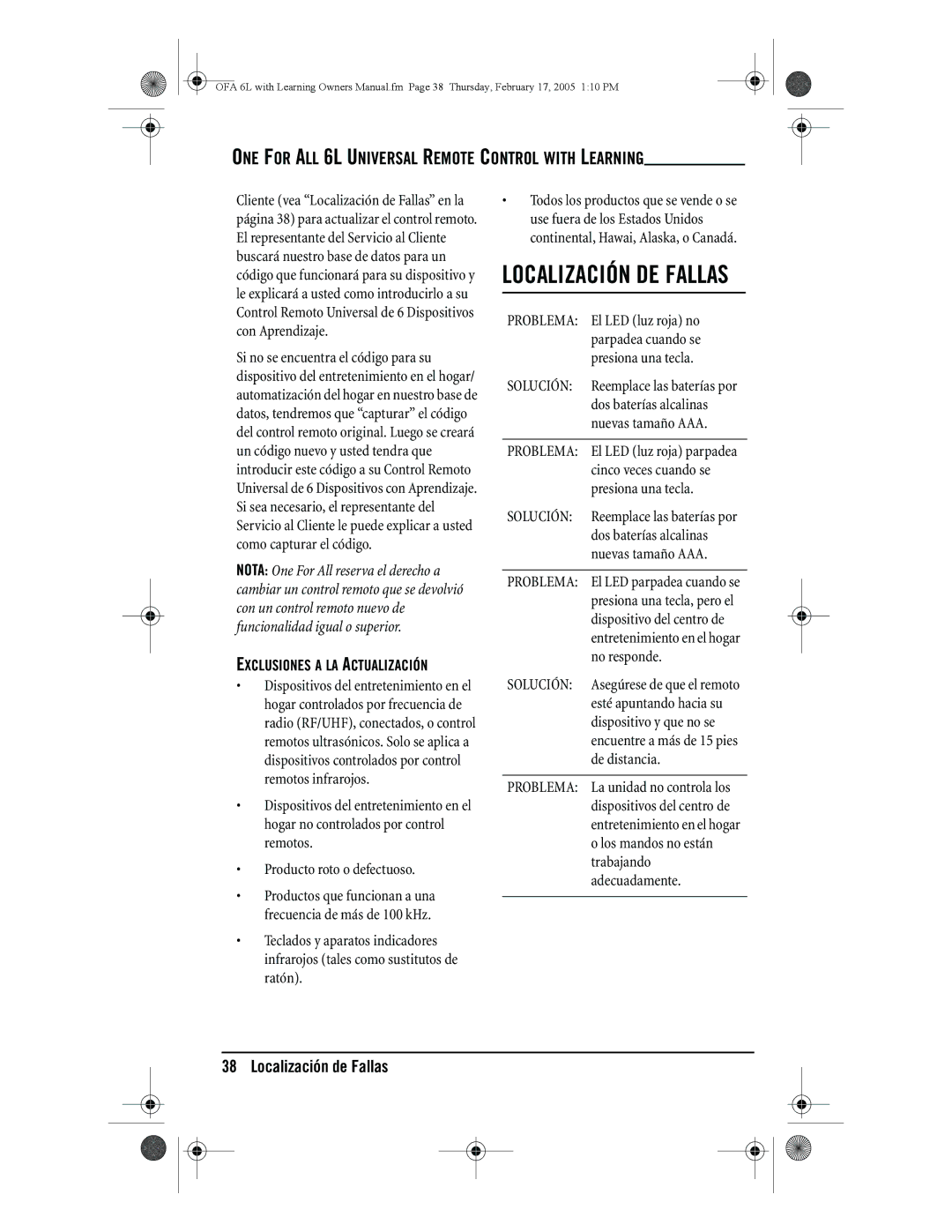 One for All 6-Device Universal Remote owner manual Localización DE Fallas, Localización de Fallas 