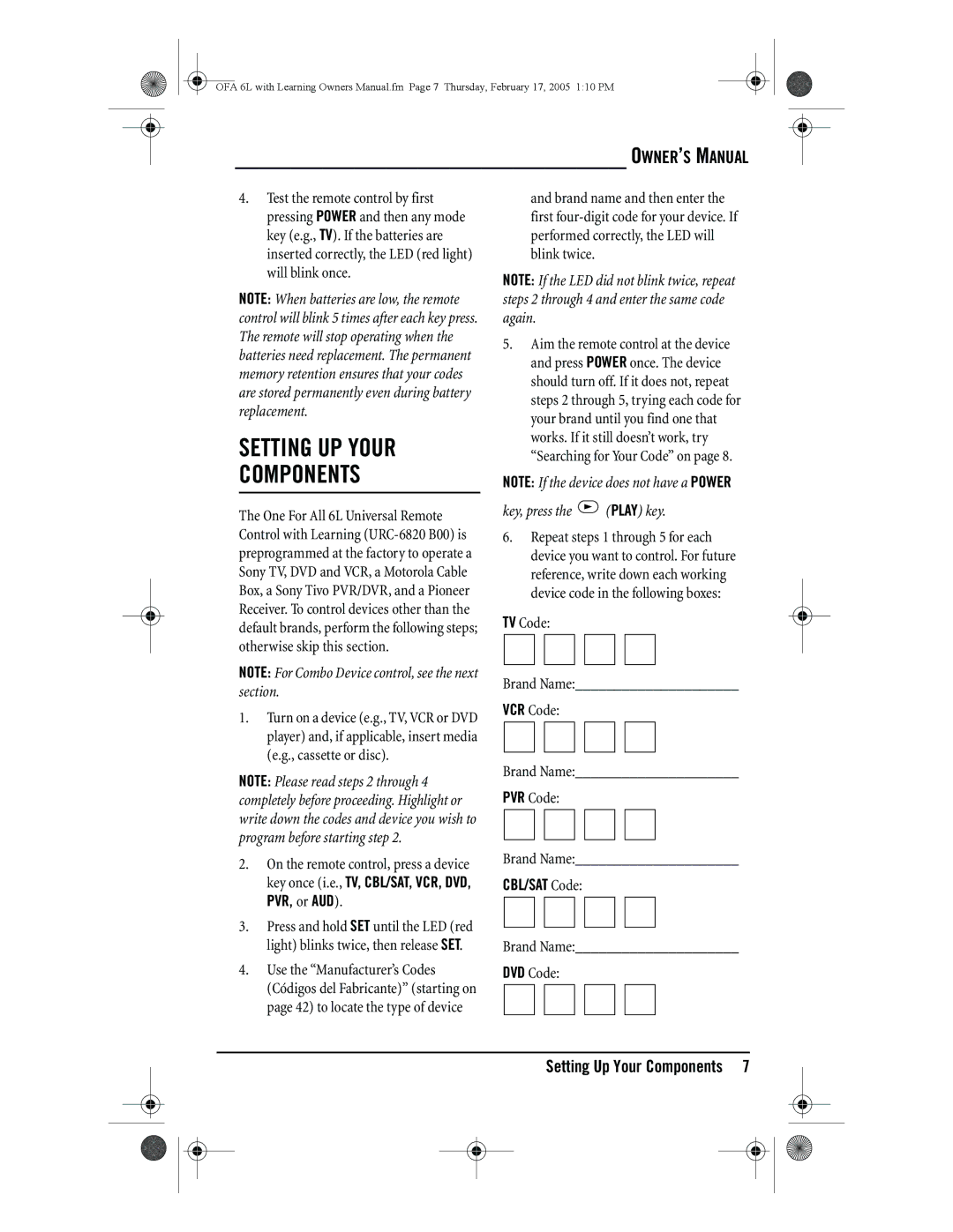 One for All 6-Device Universal Remote owner manual Setting UP Your Components, Setting Up Your Components, CBL/SAT Code 