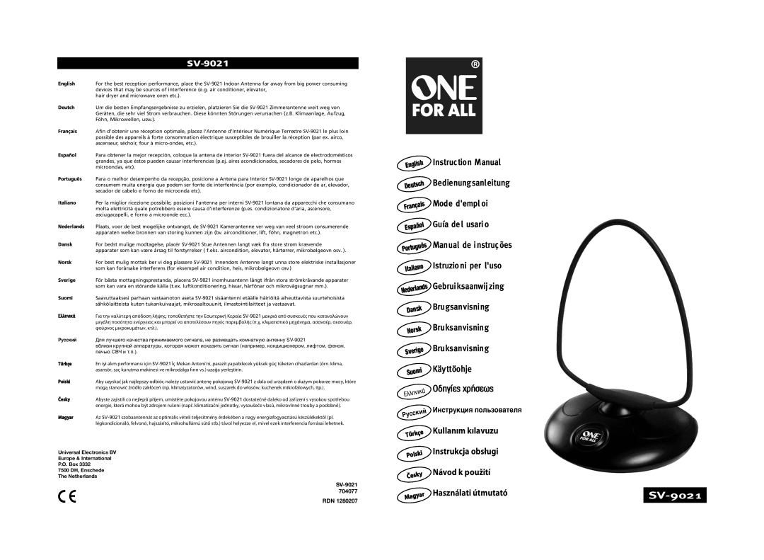 One for All SV-9021 instruction manual English, Deutch, Français, Español, Português, Italiano, Nederlands, Dansk, Norsk 