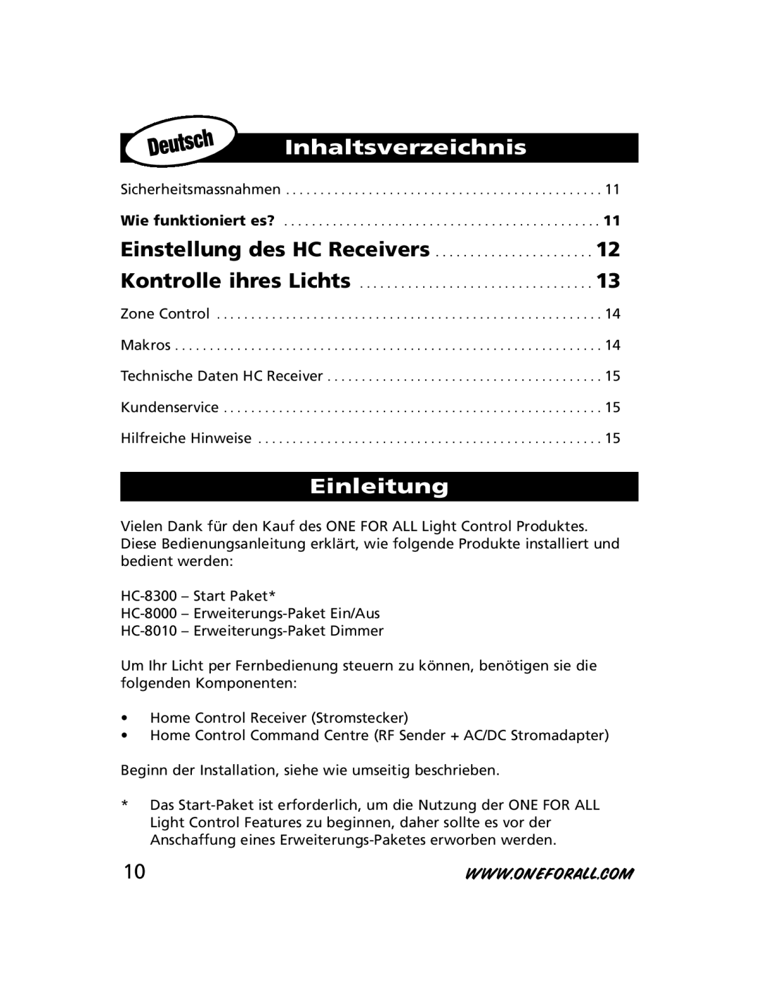 One for All HC-8300, HC-8010, HC-8000 manual Inhaltsverzeichnis, Einleitung 