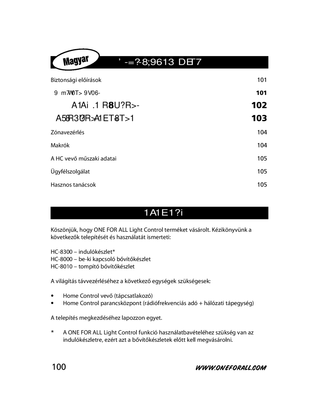 One for All HC-8300, HC-8010, HC-8000 manual Tartalomjegyzék, Bevezető 
