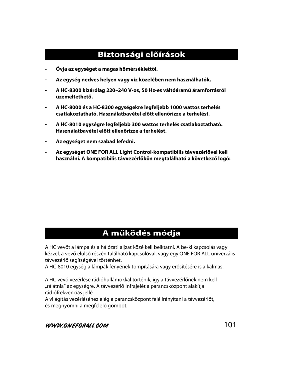 One for All HC-8000, HC-8010, HC-8300 manual Biztonsági előírások, Működés módja 