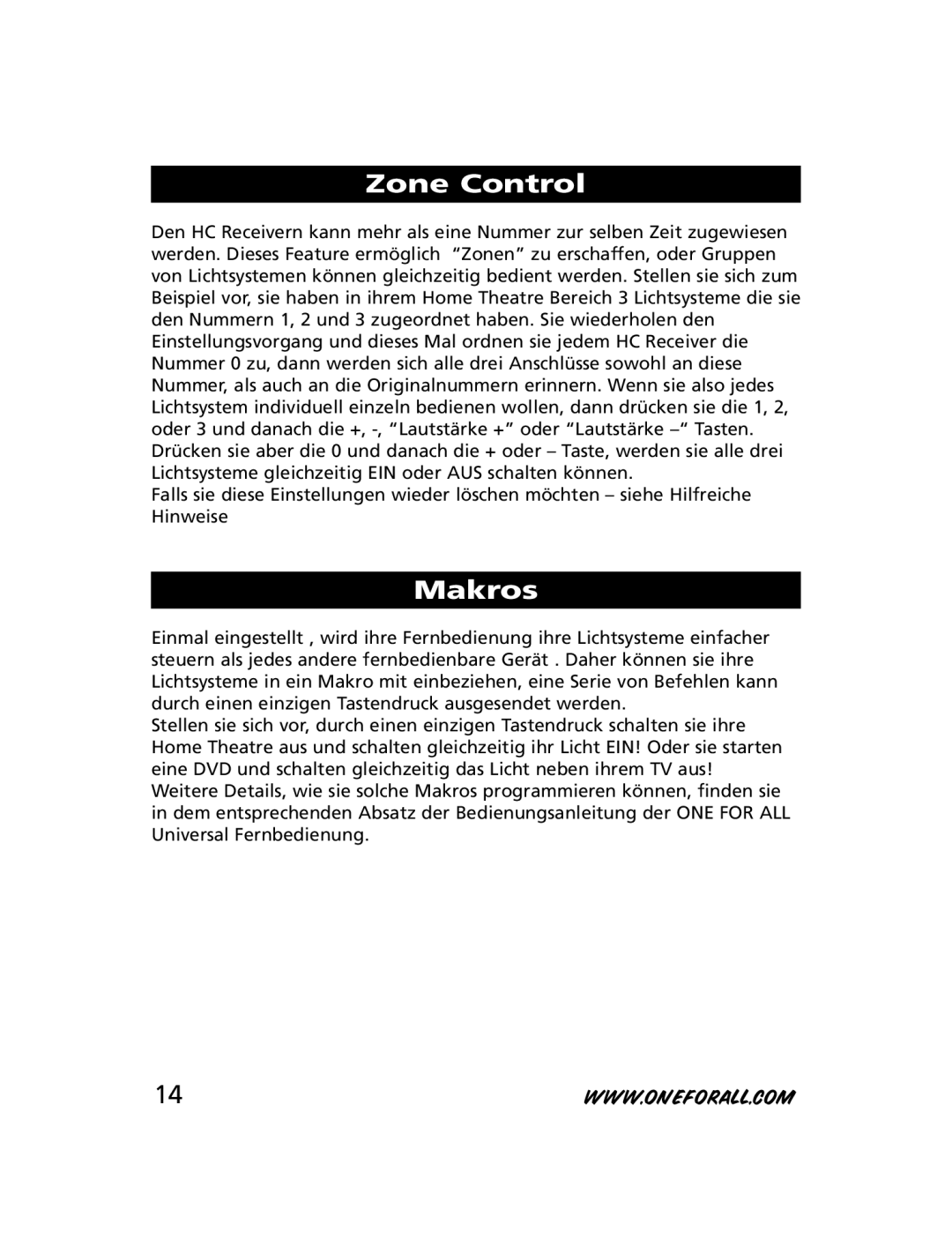 One for All HC-8000, HC-8010, HC-8300 manual Zone Control, Makros 