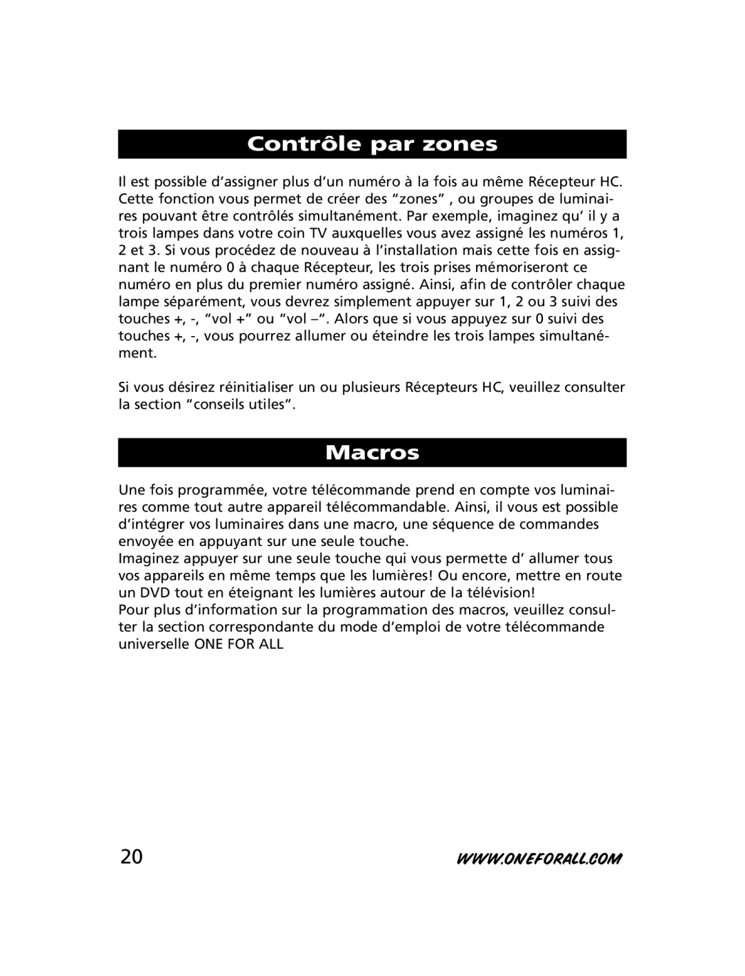 One for All HC-8000, HC-8010, HC-8300 manual Contrôle par zones, Macros 