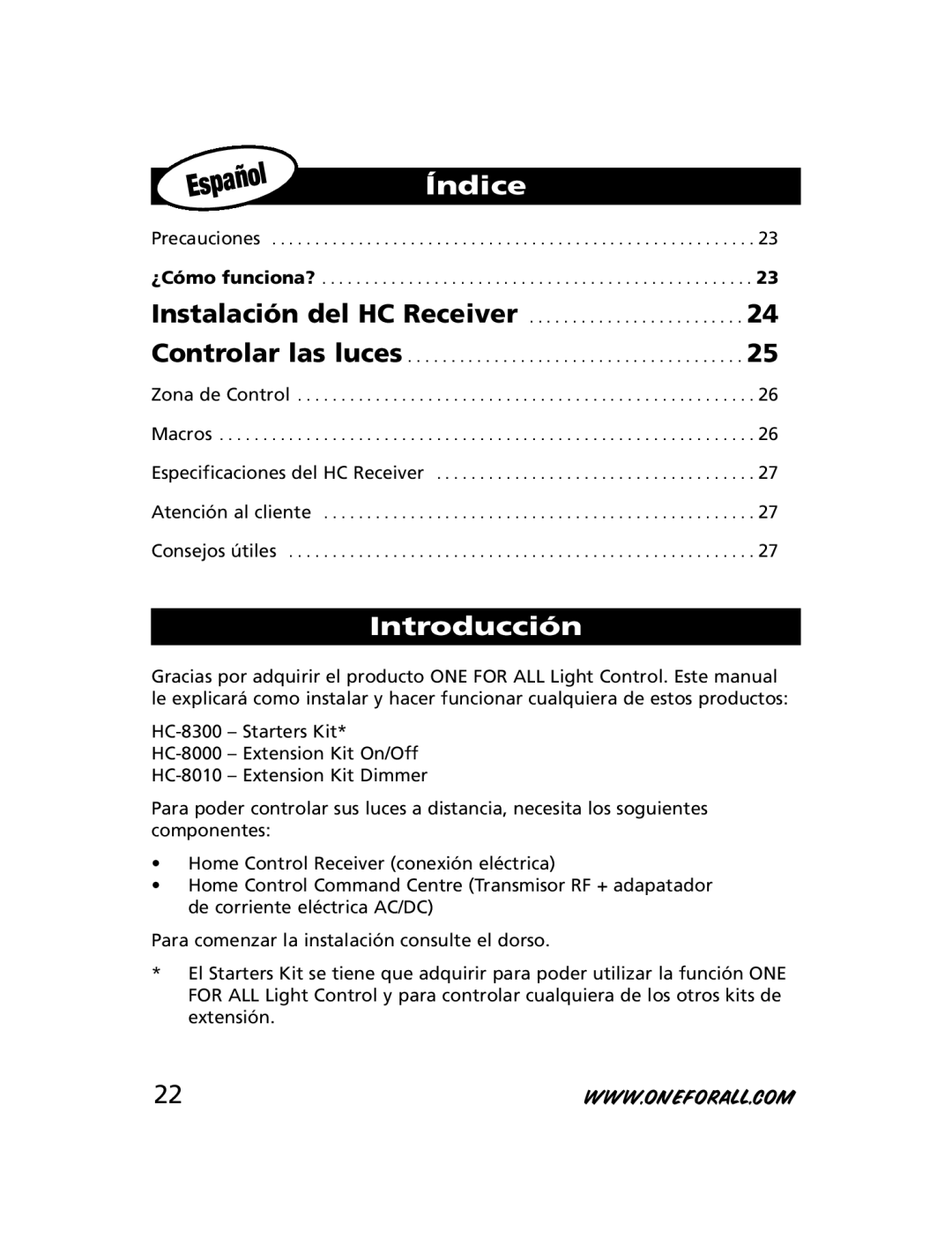 One for All HC-8300, HC-8010, HC-8000 manual Índice, Introducción 