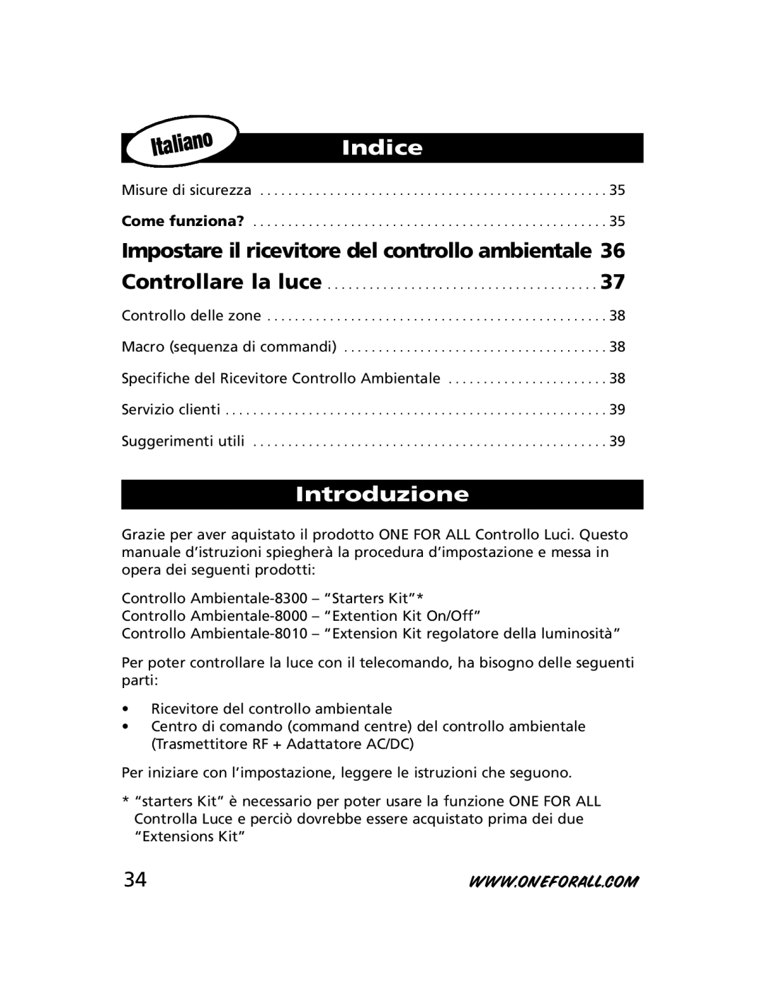 One for All HC-8300, HC-8010, HC-8000 manual Indice, Introduzione 