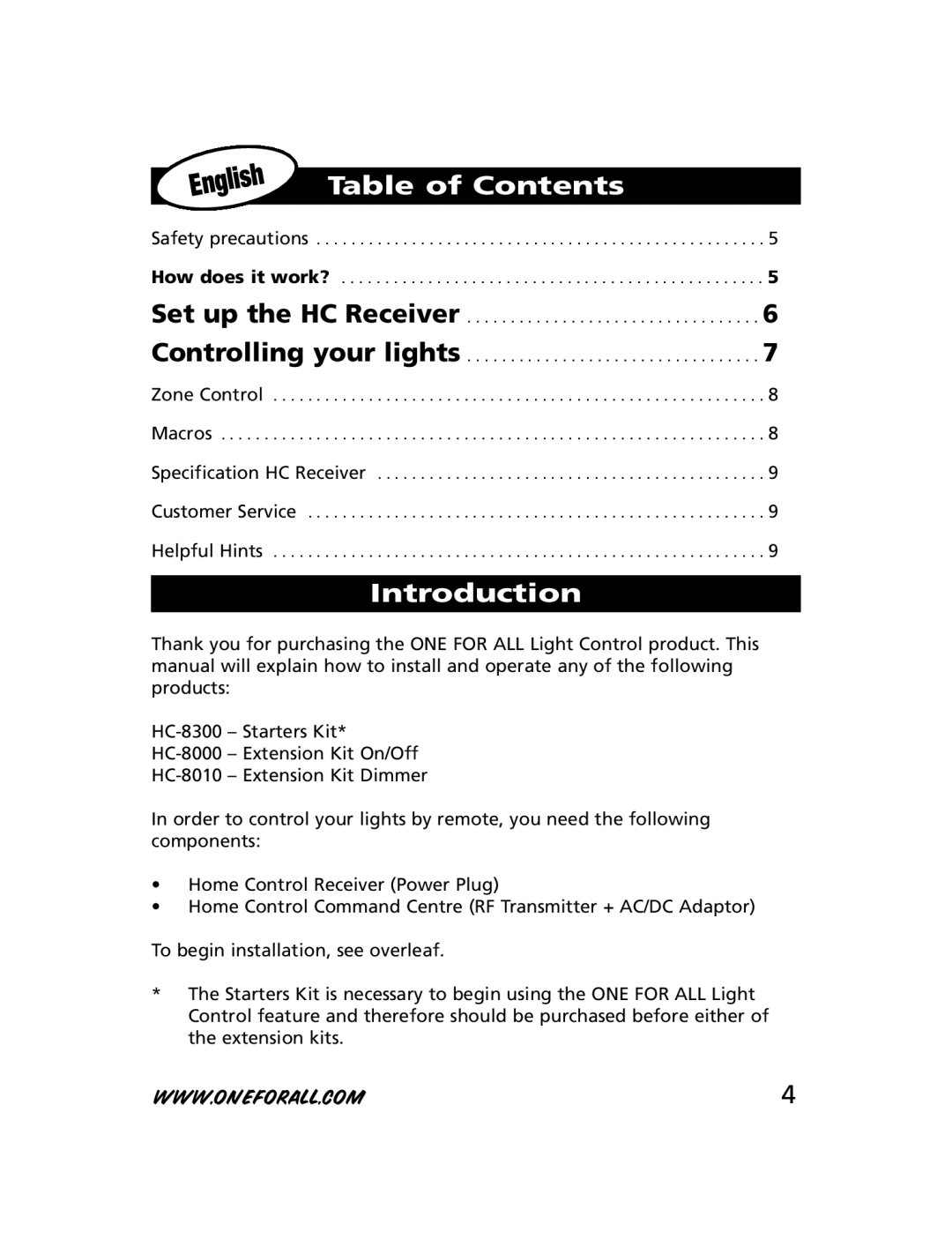 One for All HC-8300, HC-8010, HC-8000 manual Table of Contents, Introduction 