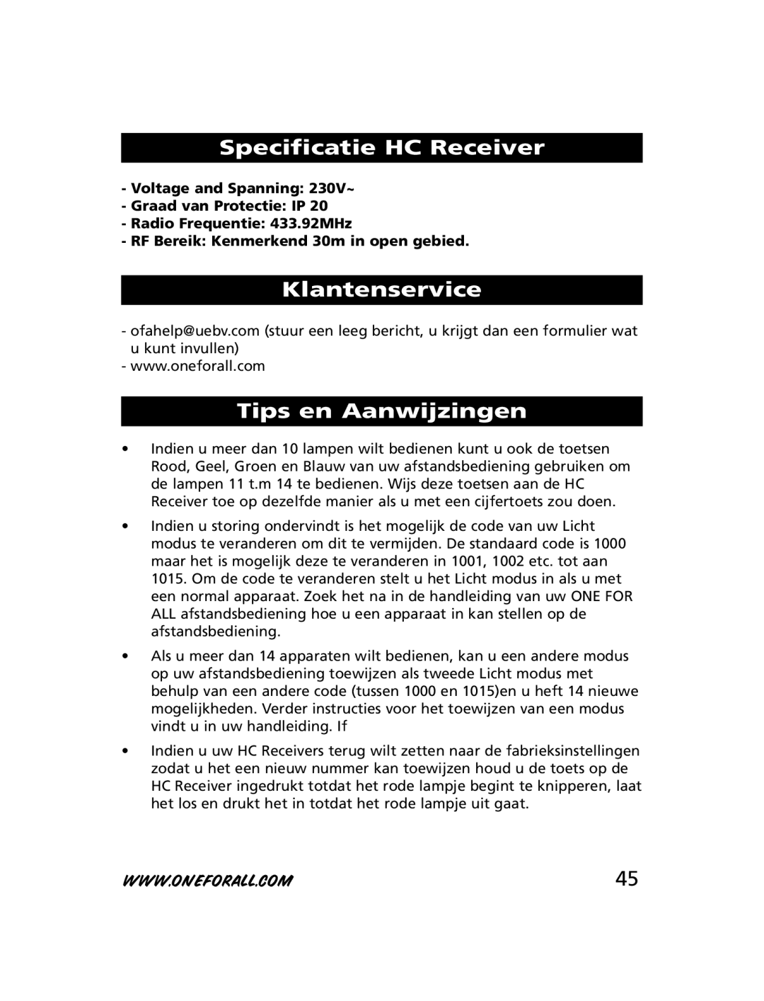 One for All HC-8010, HC-8300, HC-8000 manual Specificatie HC Receiver, Klantenservice Tips en Aanwijzingen 