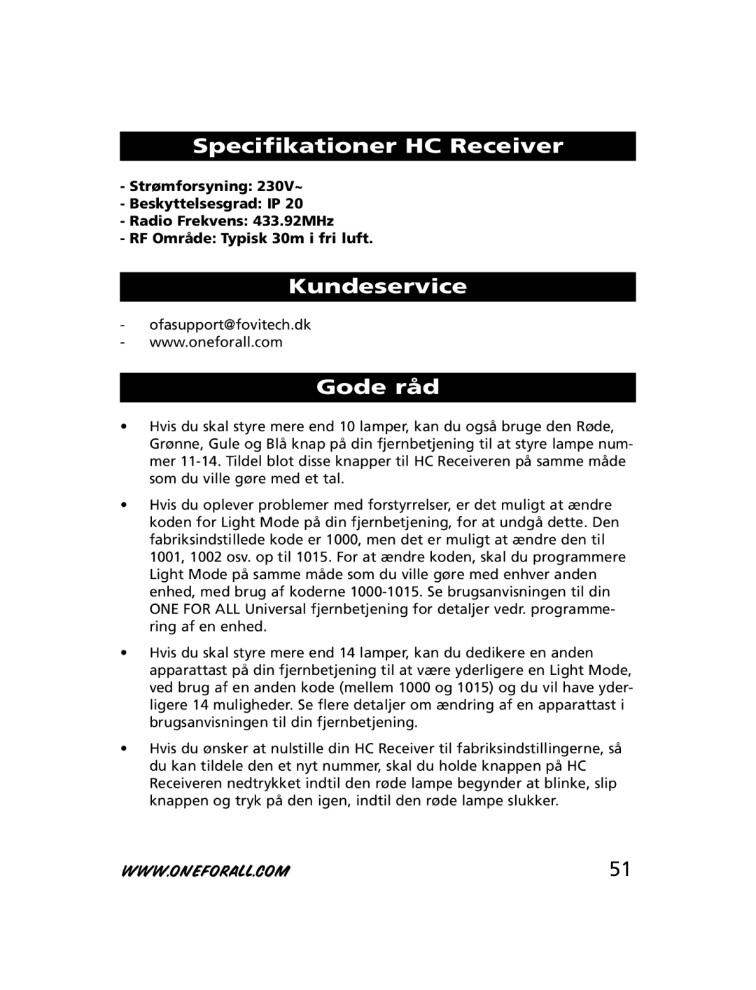 One for All HC-8010, HC-8300, HC-8000 manual Specifikationer HC Receiver, Kundeservice, Gode råd 