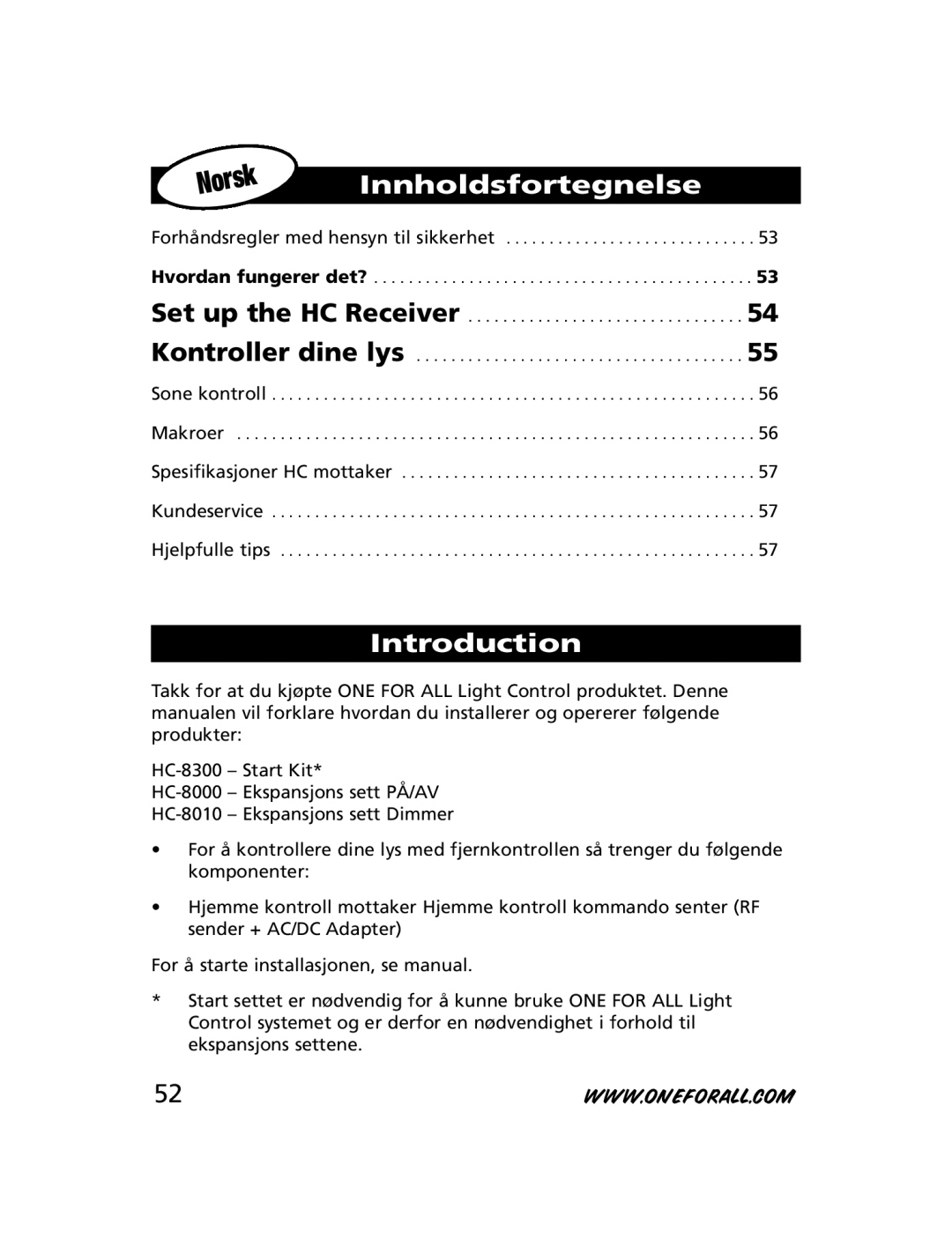 One for All HC-8300, HC-8010, HC-8000 manual Innholdsfortegnelse, Introduction 