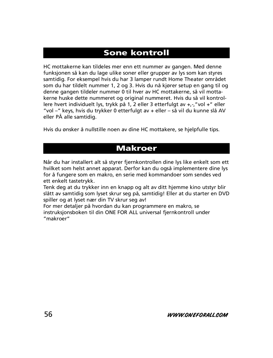 One for All HC-8000, HC-8010, HC-8300 manual Sone kontroll, Makroer 