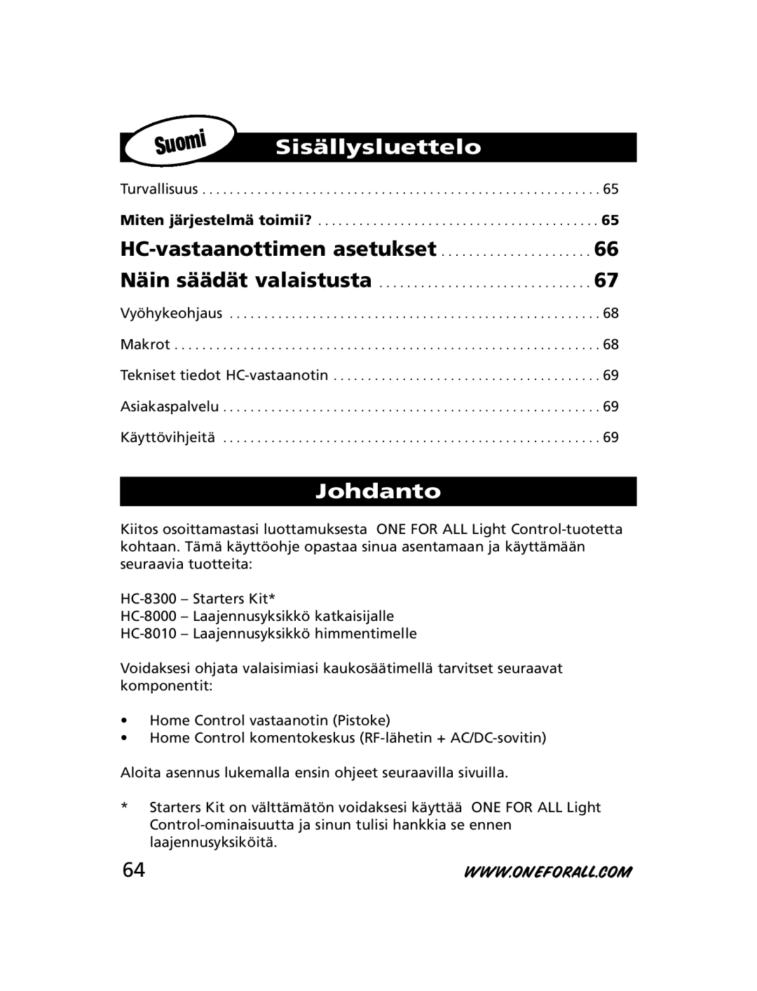 One for All HC-8300, HC-8010, HC-8000 manual Sisällysluettelo, Johdanto 