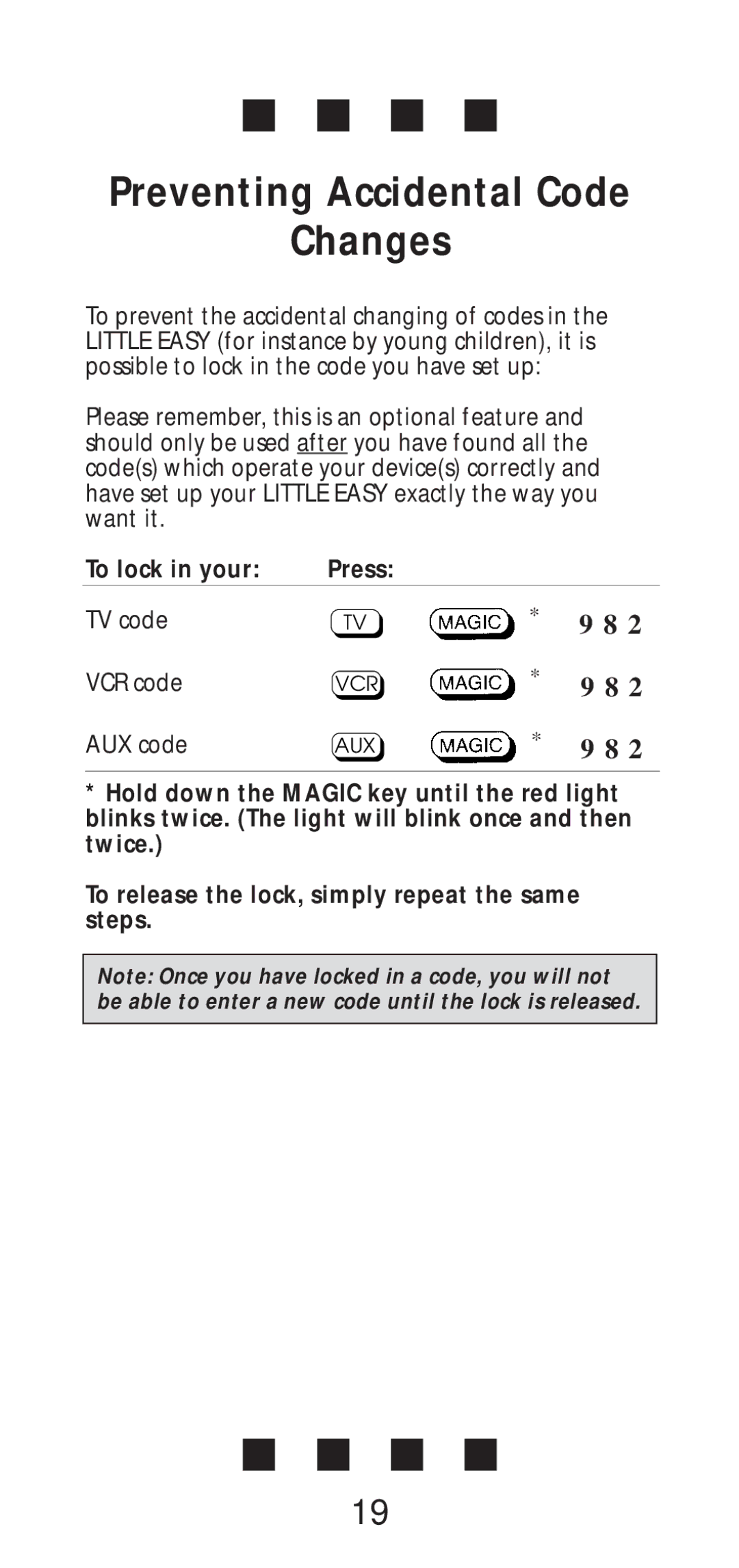 One for All Little Easy manual Preventing Accidental Code Changes, Vcr 