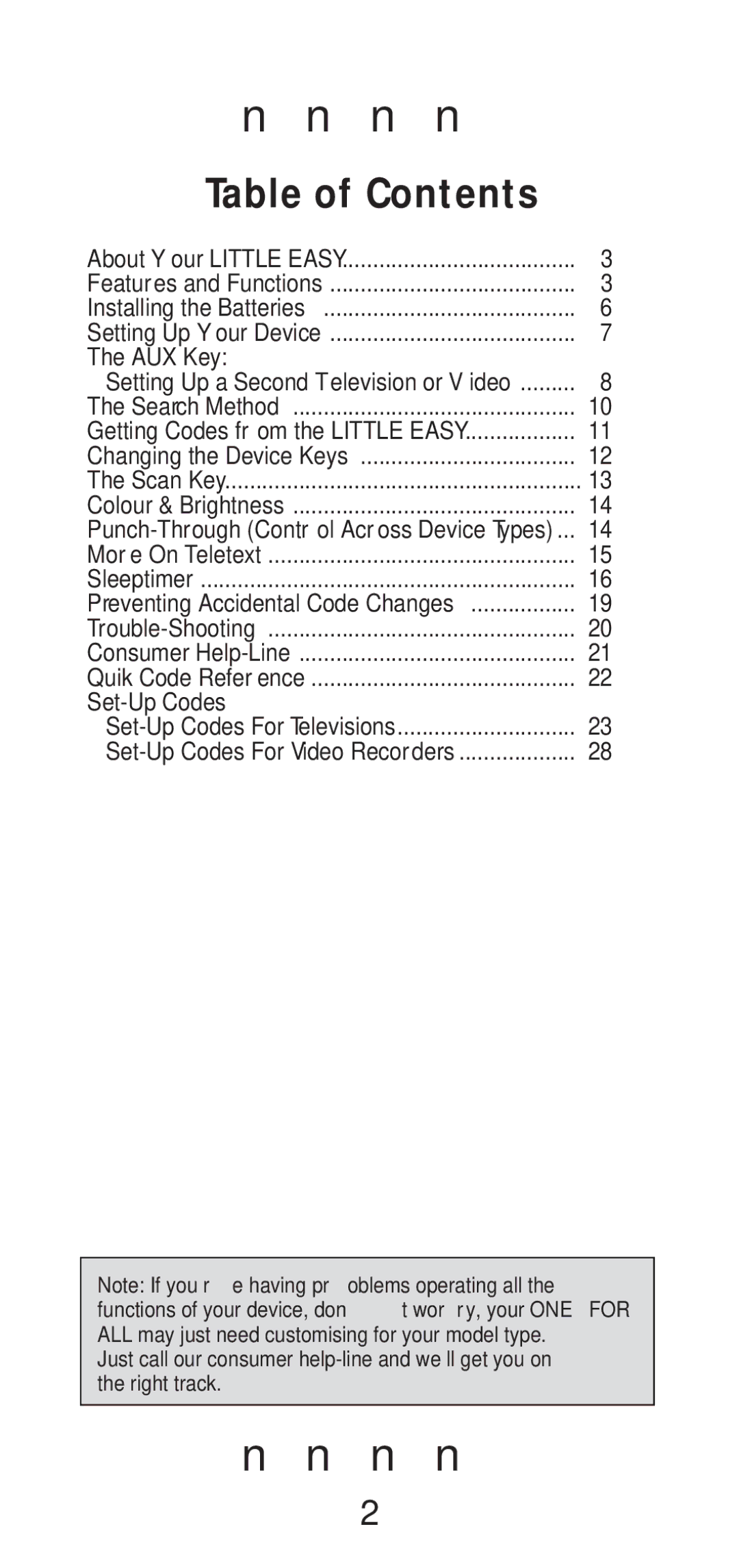 One for All Little Easy manual Table of Contents 