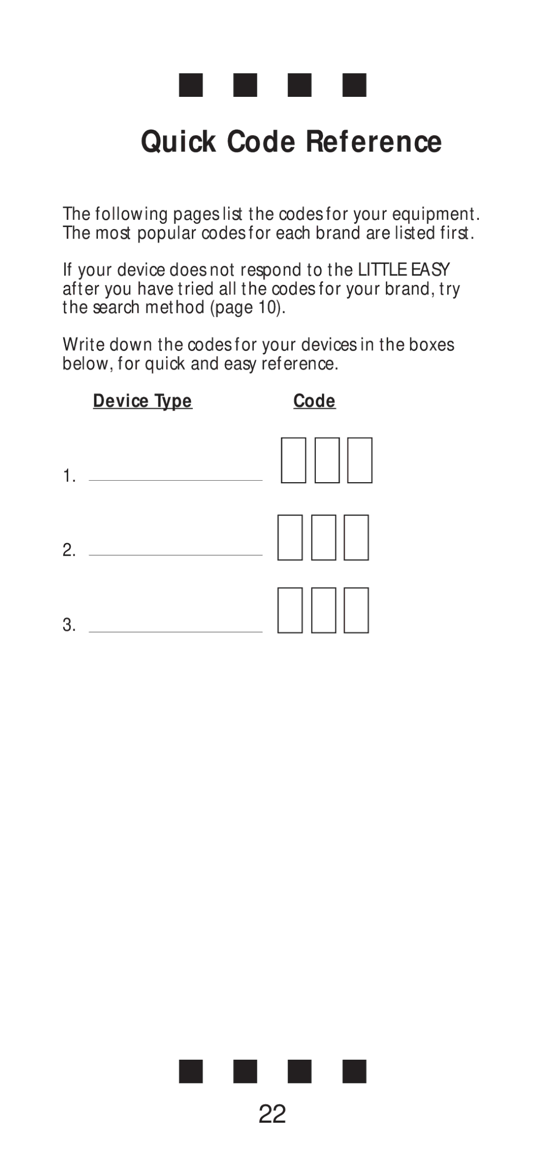 One for All Little Easy manual Quick Code Reference 